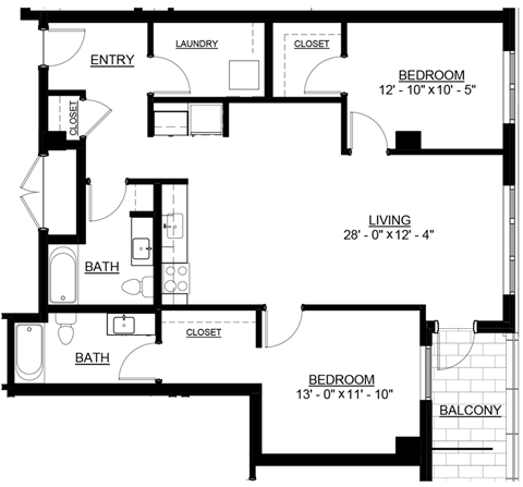 Floor plan for 2 beds, 2 baths, 1123 sqft
